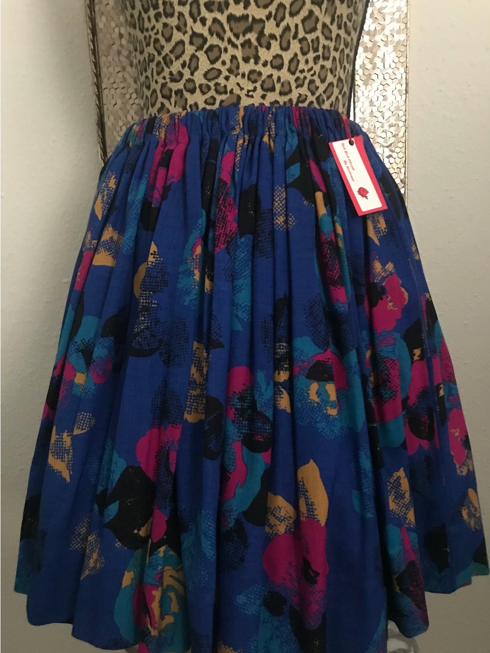 Vintage Blue Floral Midi Skirt with Pink and Teal Accents